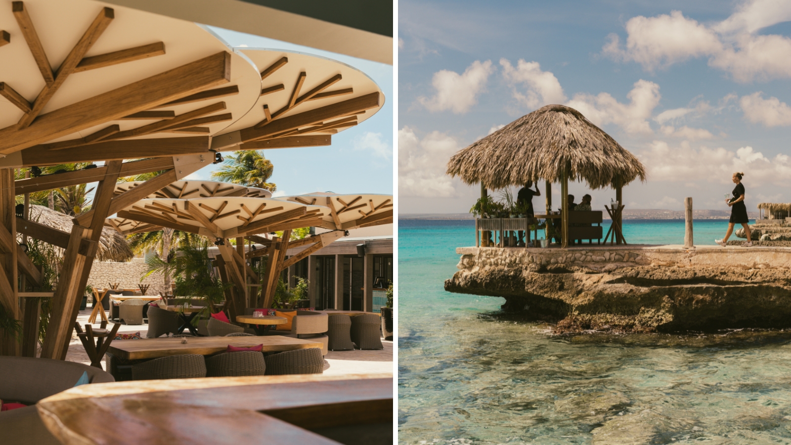 De palapa's op het vernieuwde terras (links) en het nieuwe private-diningconcept Yerba Mesa (rechts) | foto's door Elyse Madlener